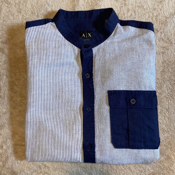 Armani Exchange Blue & White Slim Collarless Shirt, Size M - Picture 1 of 7
